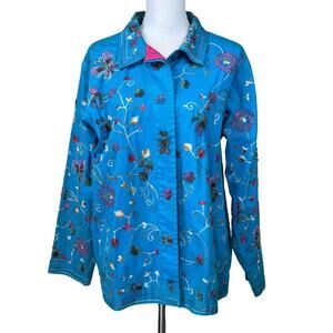 Quacker Factory blue embroidered/sequined denim Jacket, whimsical, statement